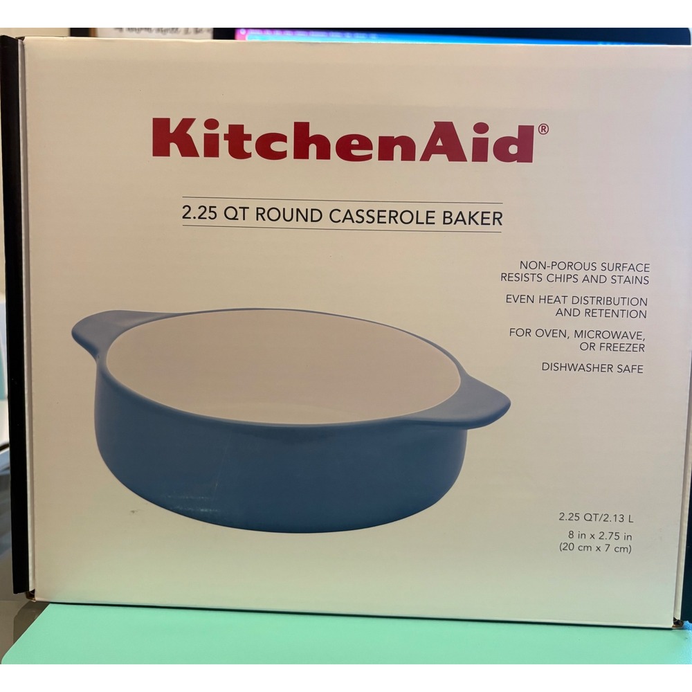 KitchenAid 2.25 QT Round Casserole Baker Blue Vitrified Stoneware Dish NEW